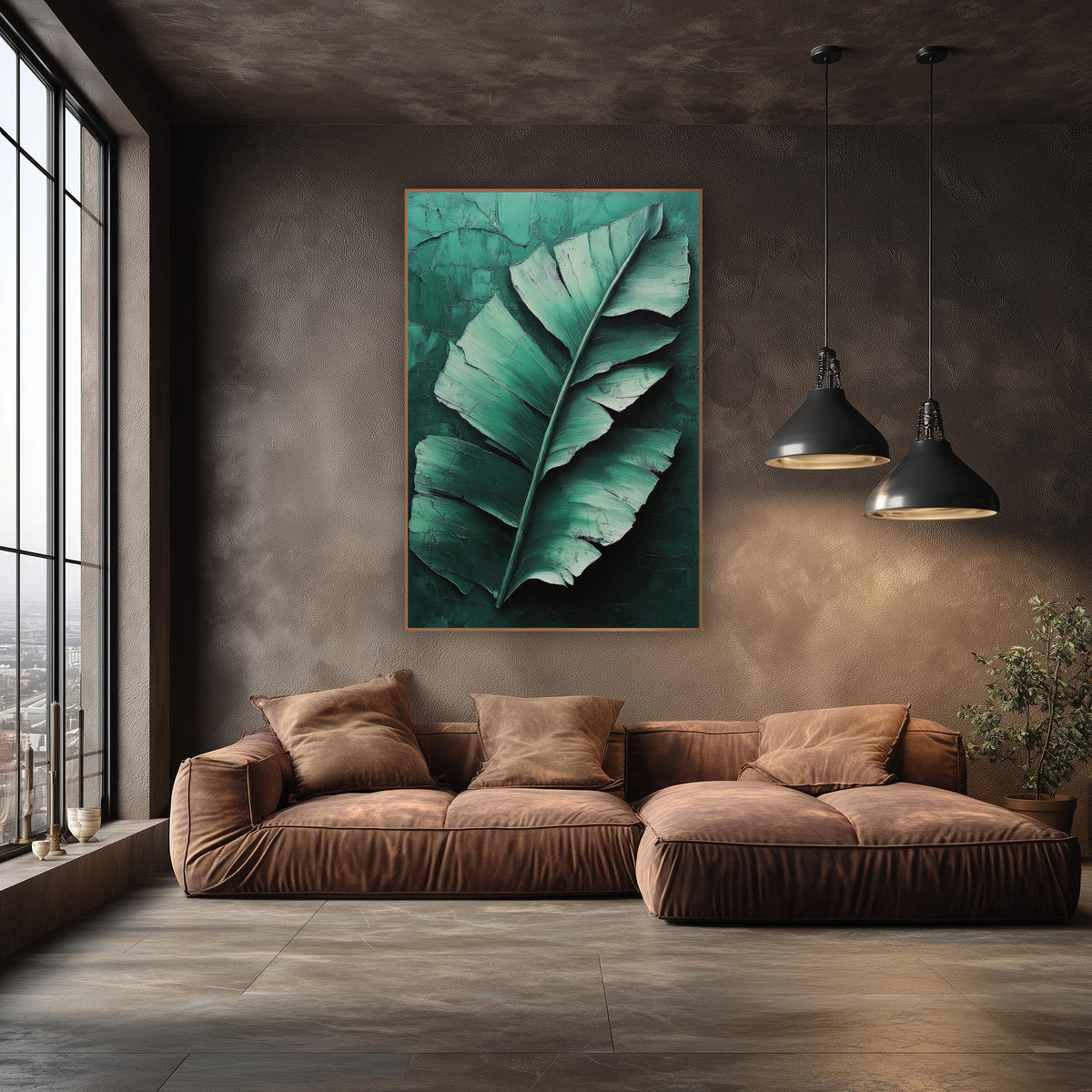 Emerald Banana Leaf Botanical Luxe wall art in an elegant modern room – large torn banana leaf in mint and emerald