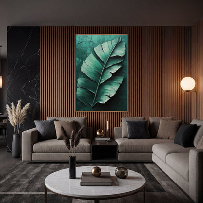 Emerald Banana Leaf Botanical Luxe wall art in an elegant modern room – large torn banana leaf in mint and emerald