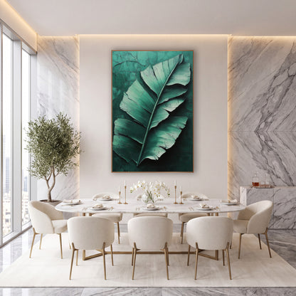 Emerald Banana Leaf Botanical Luxe wall art in an elegant modern room – large torn banana leaf in mint and emerald