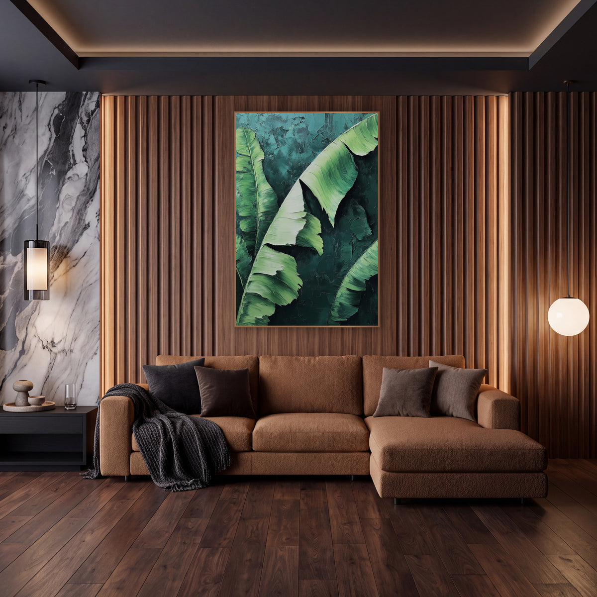 Lime Banana Sweep Painterly wall art in an elegant modern room – large banana leaves with split edges in mint, sage