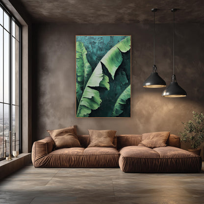 Lime Banana Sweep Painterly wall art in an elegant modern room – large banana leaves with split edges in mint, sage