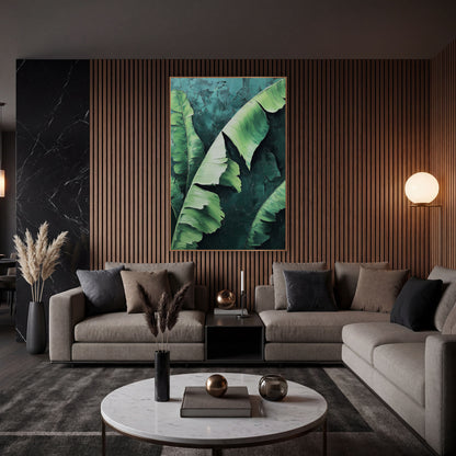 Lime Banana Sweep Painterly wall art in an elegant modern room – large banana leaves with split edges in mint, sage