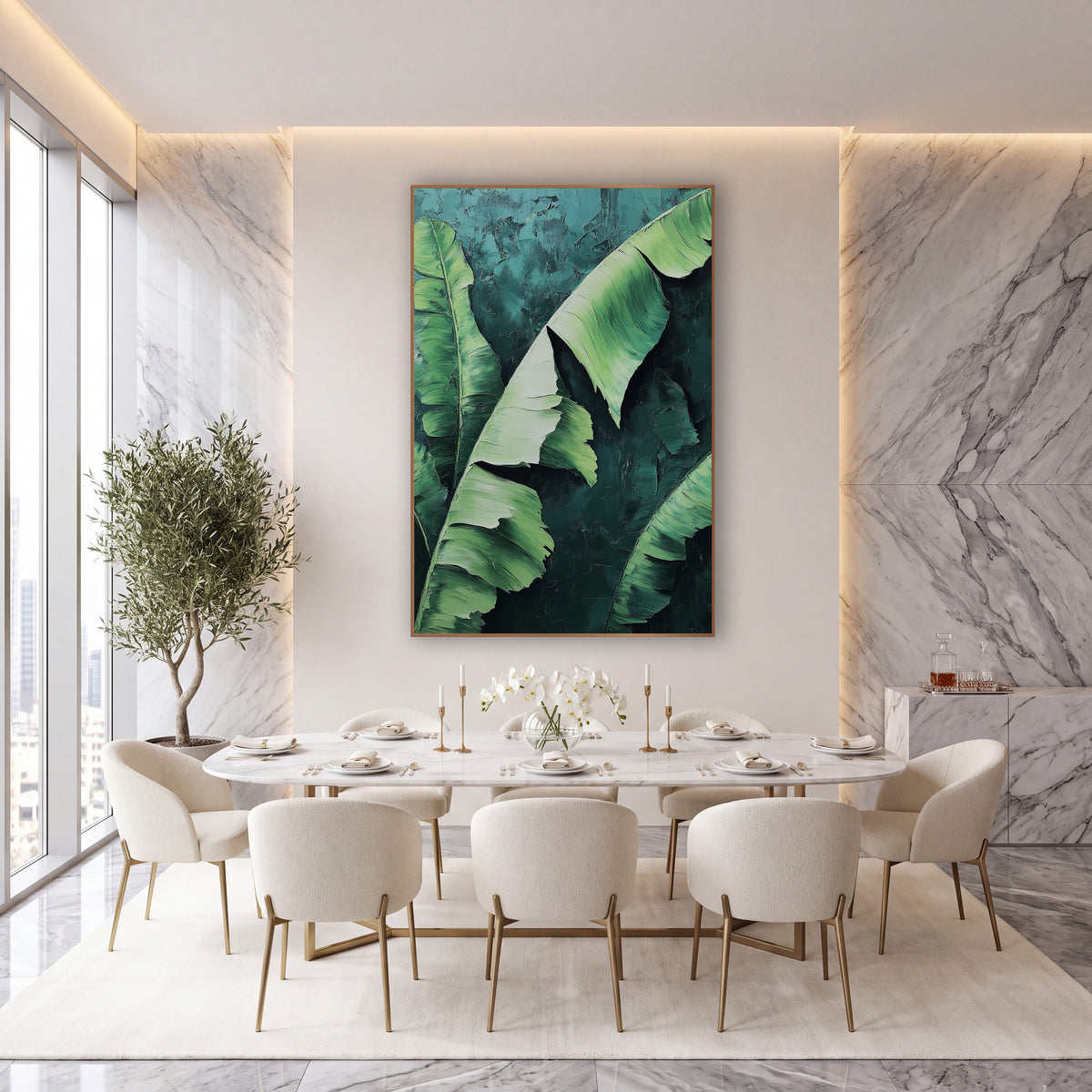 Lime Banana Sweep Painterly wall art in an elegant modern room – large banana leaves with split edges in mint, sage