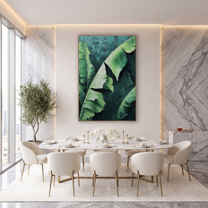 Lime Banana Sweep Painterly wall art in an elegant modern room – large banana leaves with split edges in mint, sage