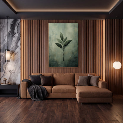 Sage Green Bay Leaf Botanical wall art in an elegant modern room – slender bay leaf branch with six dark green leaves