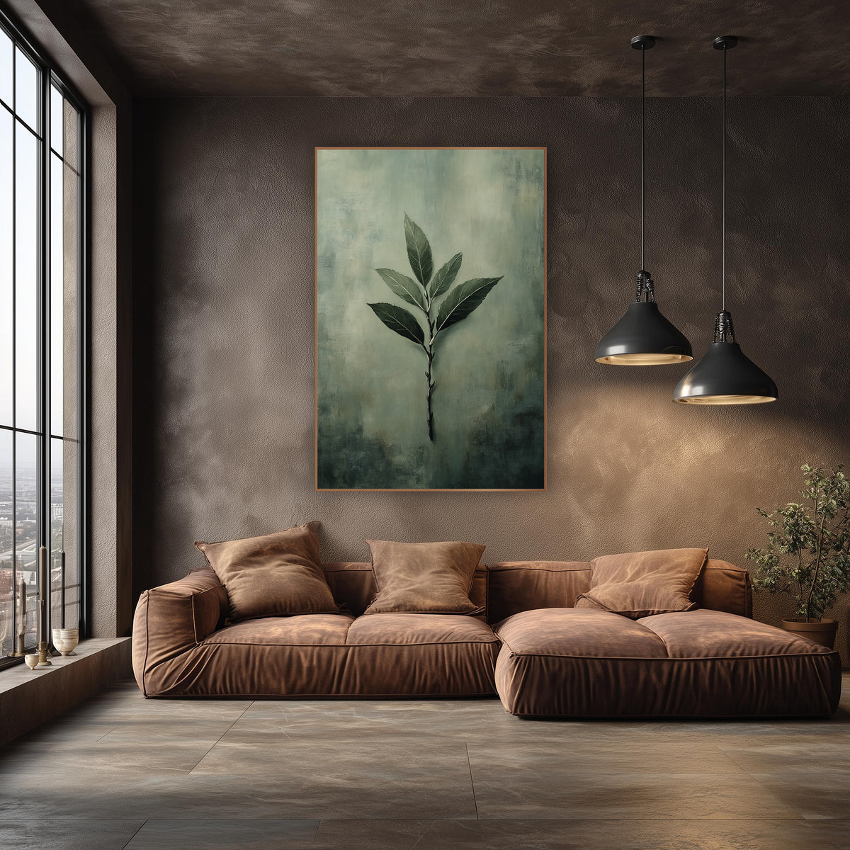 Sage Green Bay Leaf Botanical wall art in an elegant modern room – slender bay leaf branch with six dark green leaves