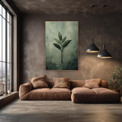 Sage Green Bay Leaf Botanical wall art in an elegant modern room – slender bay leaf branch with six dark green leaves