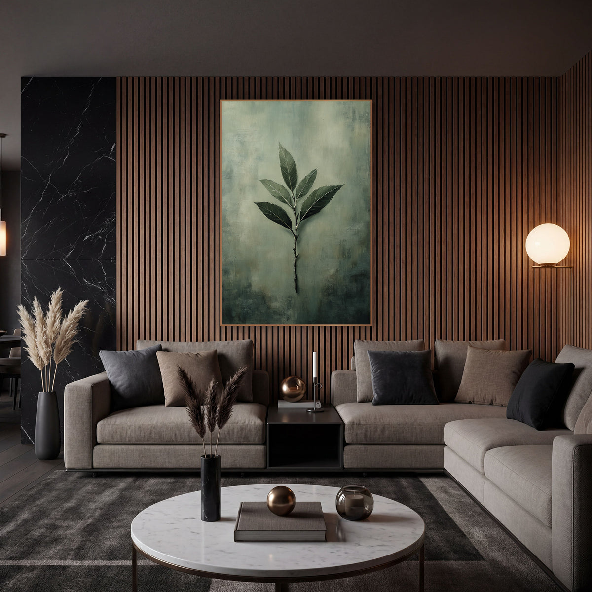 Sage Green Bay Leaf Botanical wall art in an elegant modern room – slender bay leaf branch with six dark green leaves