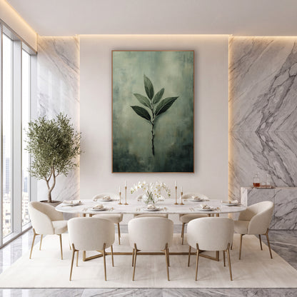 Sage Green Bay Leaf Botanical wall art in an elegant modern room – slender bay leaf branch with six dark green leaves