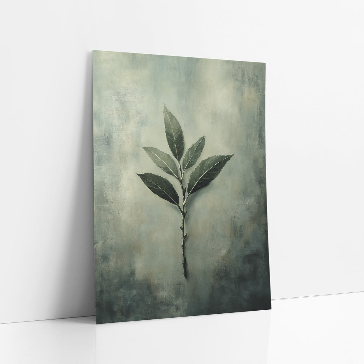 Sage Green Bay Leaf Botanical art print leaning against a white wall – slender bay leaf branch with six dark green leaves