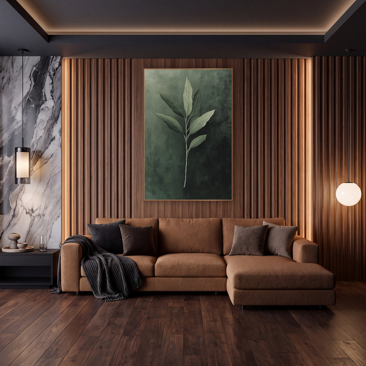 Sage Green Leaf Branch Botanical wall art in an elegant modern room – slender branch with seven pointed sage green