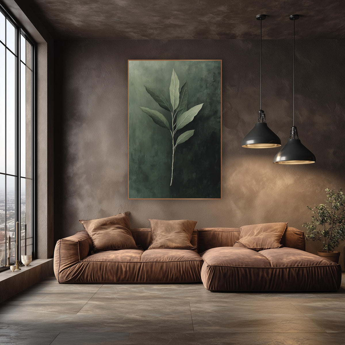 Sage Green Leaf Branch Botanical wall art in an elegant modern room – slender branch with seven pointed sage green