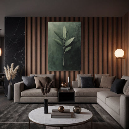 Sage Green Leaf Branch Botanical wall art in an elegant modern room – slender branch with seven pointed sage green