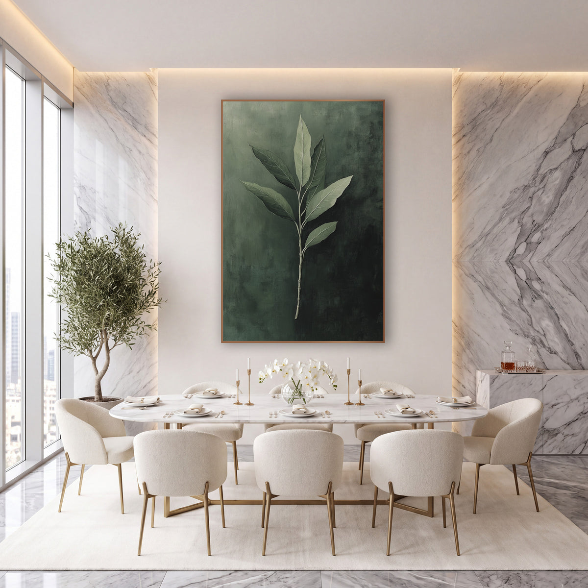 Sage Green Leaf Branch Botanical wall art in an elegant modern room – slender branch with seven pointed sage green