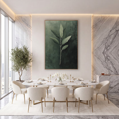 Sage Green Leaf Branch Botanical wall art in an elegant modern room – slender branch with seven pointed sage green