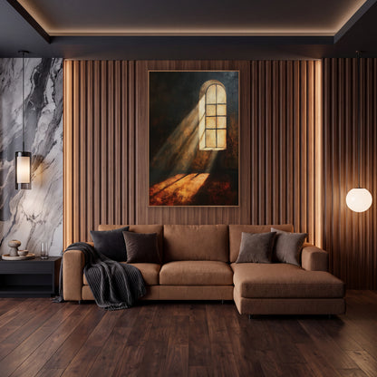 Amber Beam Arched Window Moody wall art in an elegant modern room – tall arched window glowing cream in a dark room