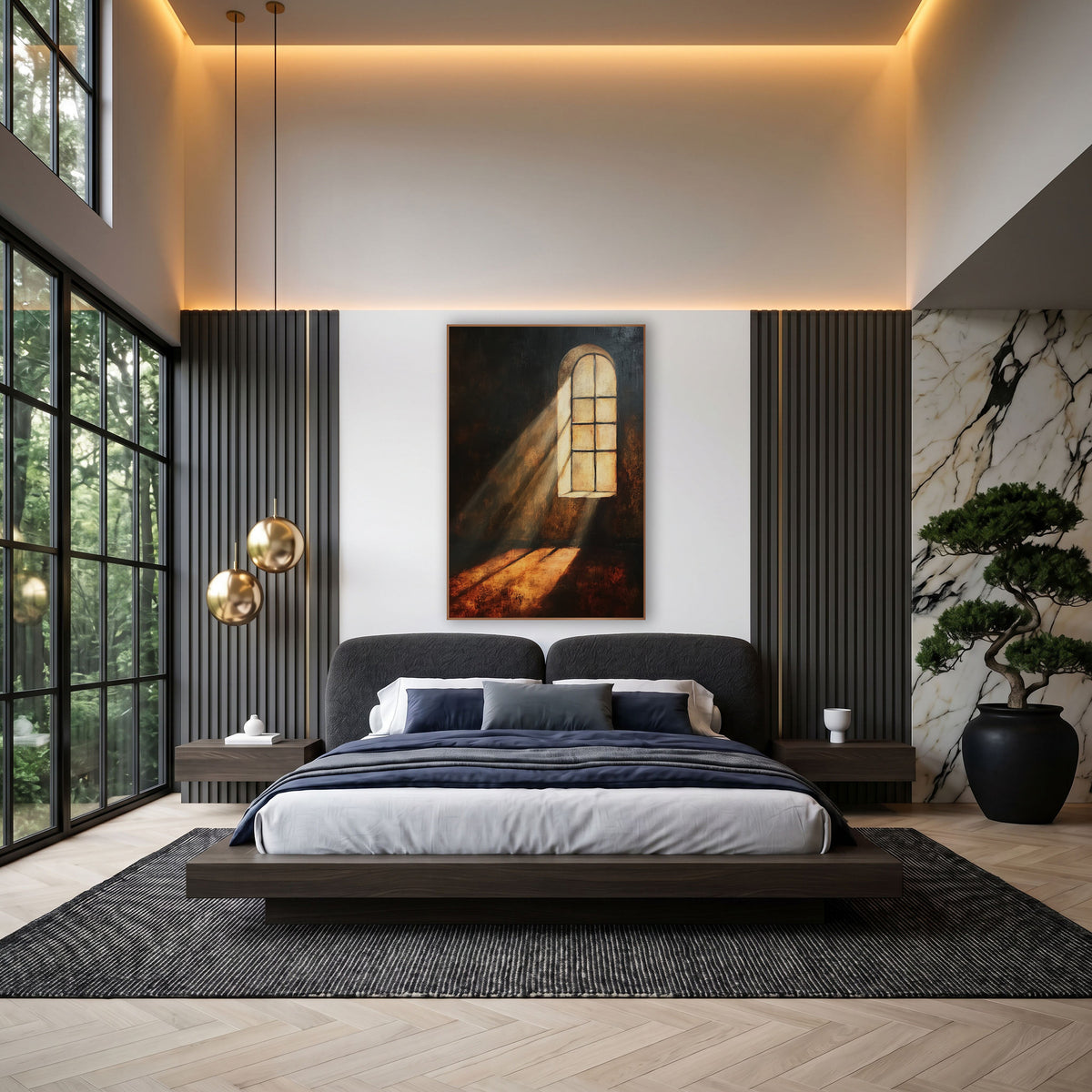 Amber Beam Arched Window Moody wall art in an elegant modern room – tall arched window glowing cream in a dark room