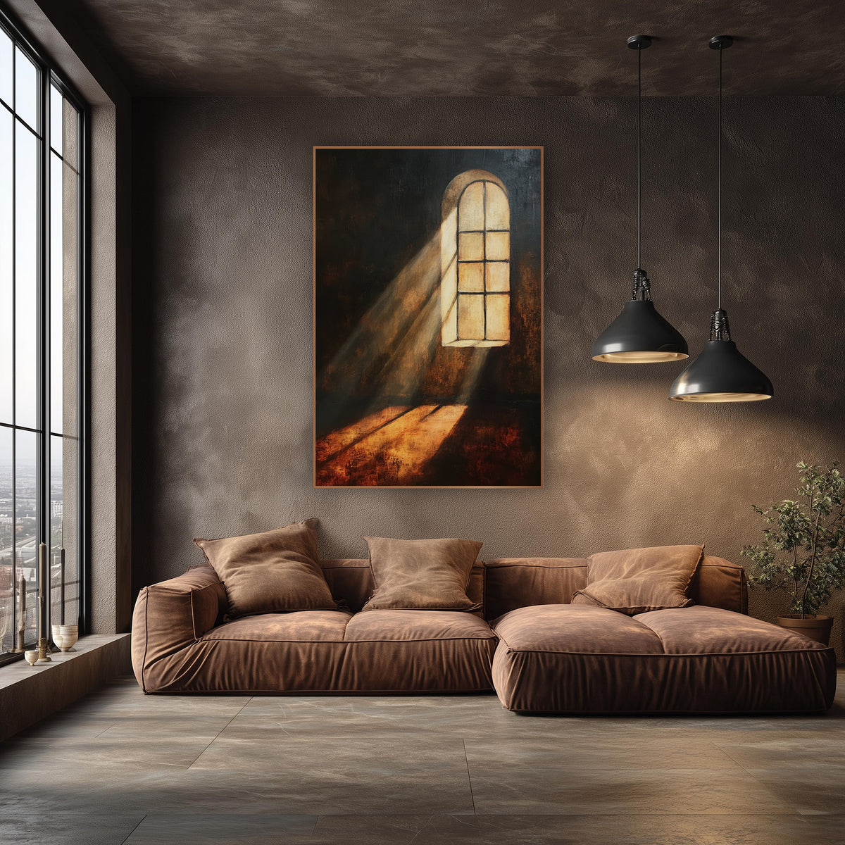 Amber Beam Arched Window Moody wall art in an elegant modern room – tall arched window glowing cream in a dark room