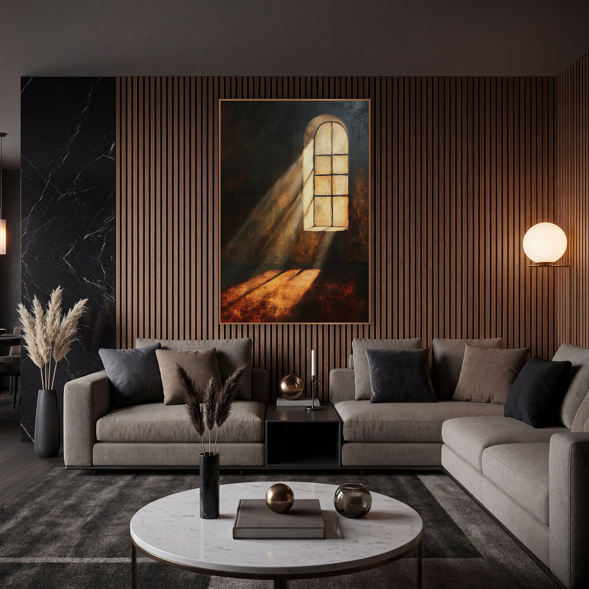 Amber Beam Arched Window Moody wall art in an elegant modern room – tall arched window glowing cream in a dark room