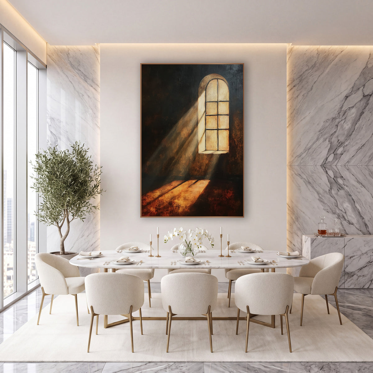 Amber Beam Arched Window Moody wall art in an elegant modern room – tall arched window glowing cream in a dark room