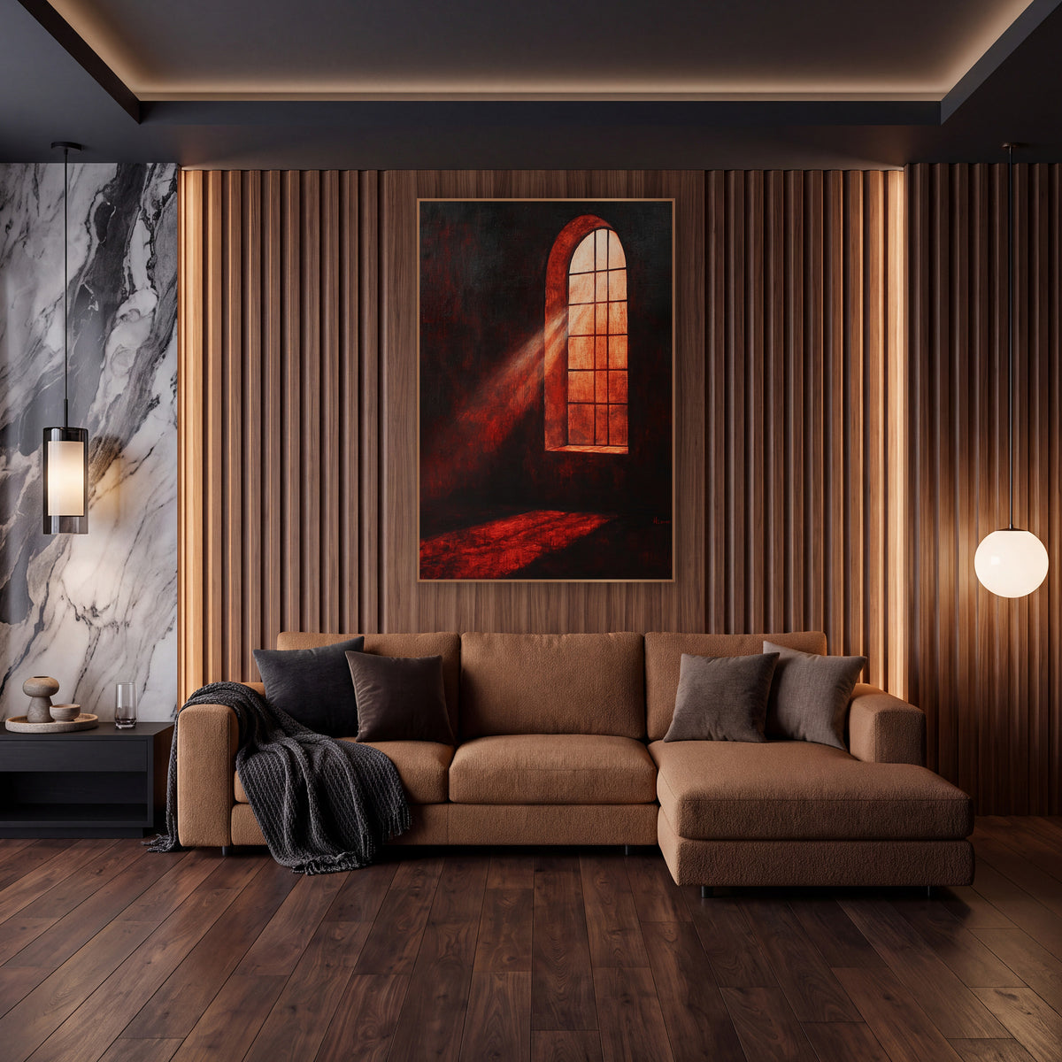 Crimson Gothic Window Glow Dramatic wall art in an elegant modern room – tall arched window glowing orange with a beam