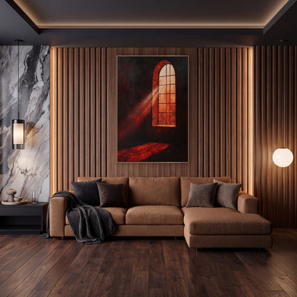 Crimson Gothic Window Glow Dramatic wall art in an elegant modern room – tall arched window glowing orange with a beam