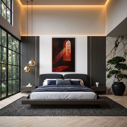 Crimson Gothic Window Glow Dramatic wall art in an elegant modern room – tall arched window glowing orange with a beam