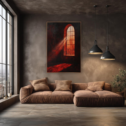 Crimson Gothic Window Glow Dramatic wall art in an elegant modern room – tall arched window glowing orange with a beam