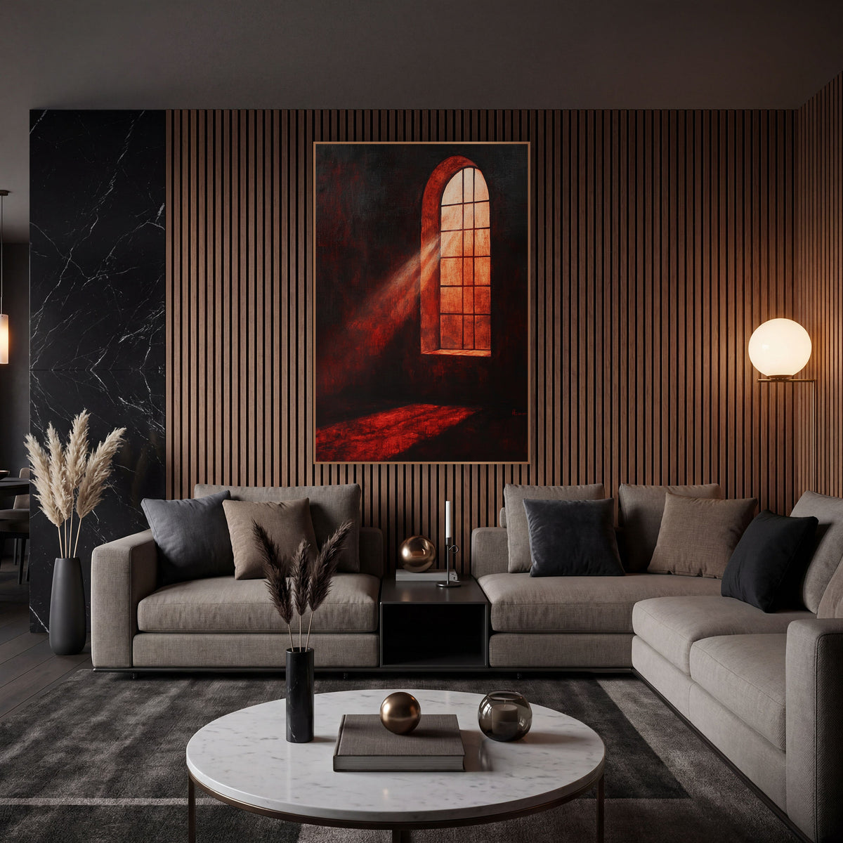 Crimson Gothic Window Glow Dramatic wall art in an elegant modern room – tall arched window glowing orange with a beam