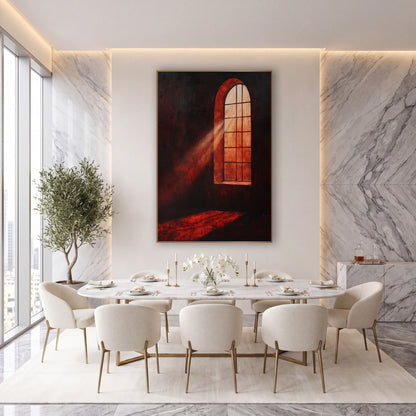 Crimson Gothic Window Glow Dramatic wall art in an elegant modern room – tall arched window glowing orange with a beam