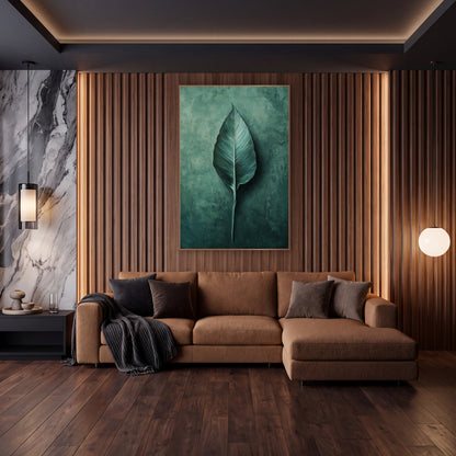 Bird of Paradise Leaf Modern wall art in an elegant modern room – single teal bird of paradise leaf with fine veins