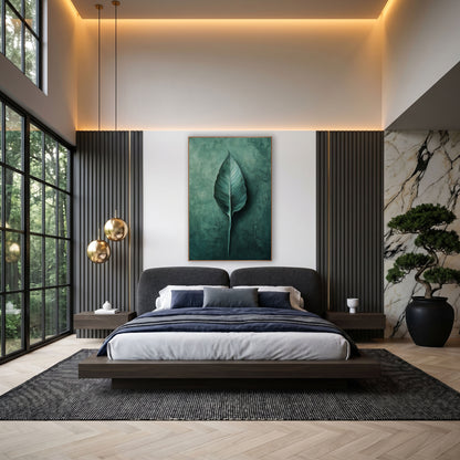Bird of Paradise Leaf Modern wall art in an elegant modern room – single teal bird of paradise leaf with fine veins