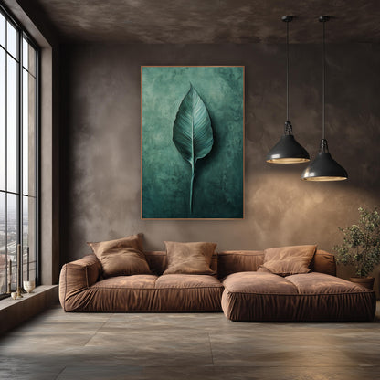 Bird of Paradise Leaf Modern wall art in an elegant modern room – single teal bird of paradise leaf with fine veins