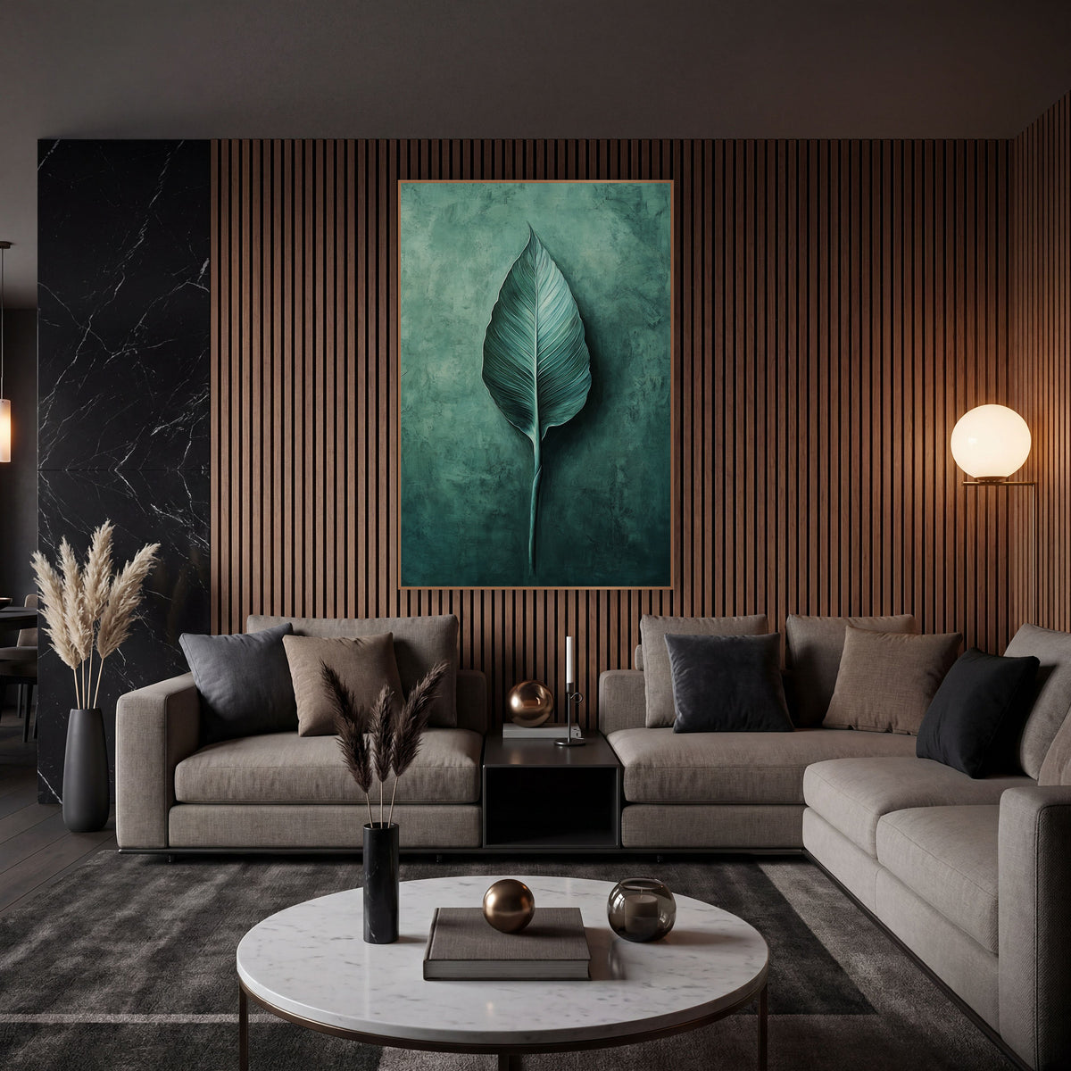 Bird of Paradise Leaf Modern wall art in an elegant modern room – single teal bird of paradise leaf with fine veins