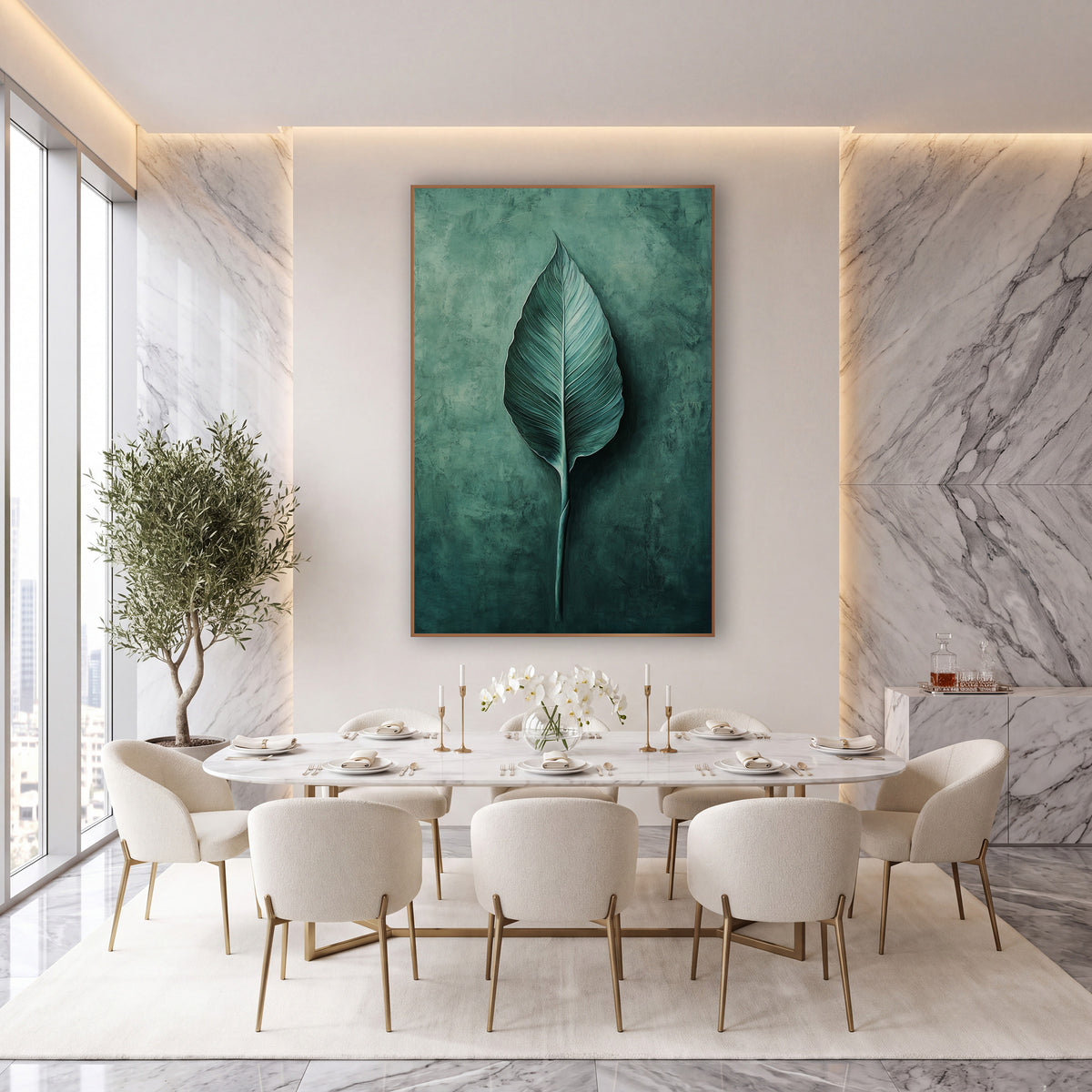 Bird of Paradise Leaf Modern wall art in an elegant modern room – single teal bird of paradise leaf with fine veins