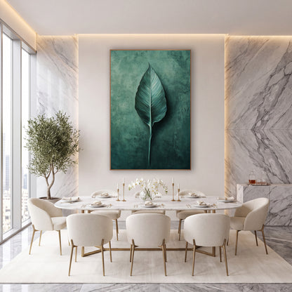 Bird of Paradise Leaf Modern wall art in an elegant modern room – single teal bird of paradise leaf with fine veins