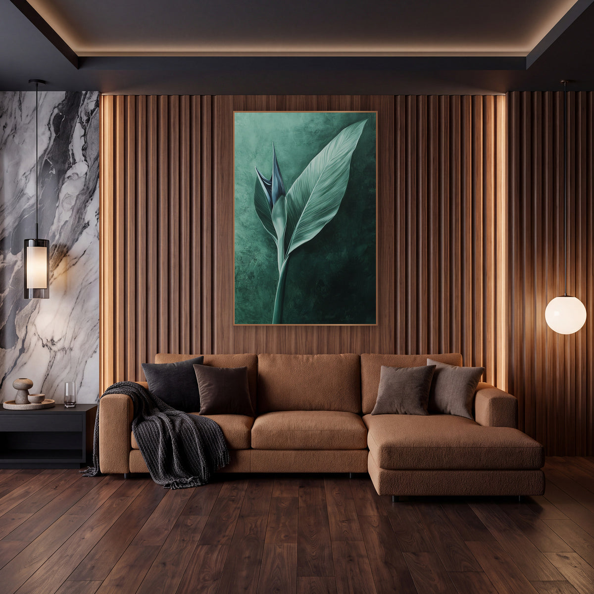 Emerald Bird of Paradise Leaf Botanical wall art in an elegant modern room – pale green bird of paradise leaf