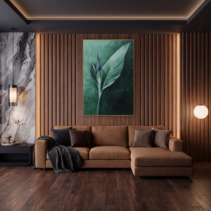 Emerald Bird of Paradise Leaf Botanical wall art in an elegant modern room – pale green bird of paradise leaf