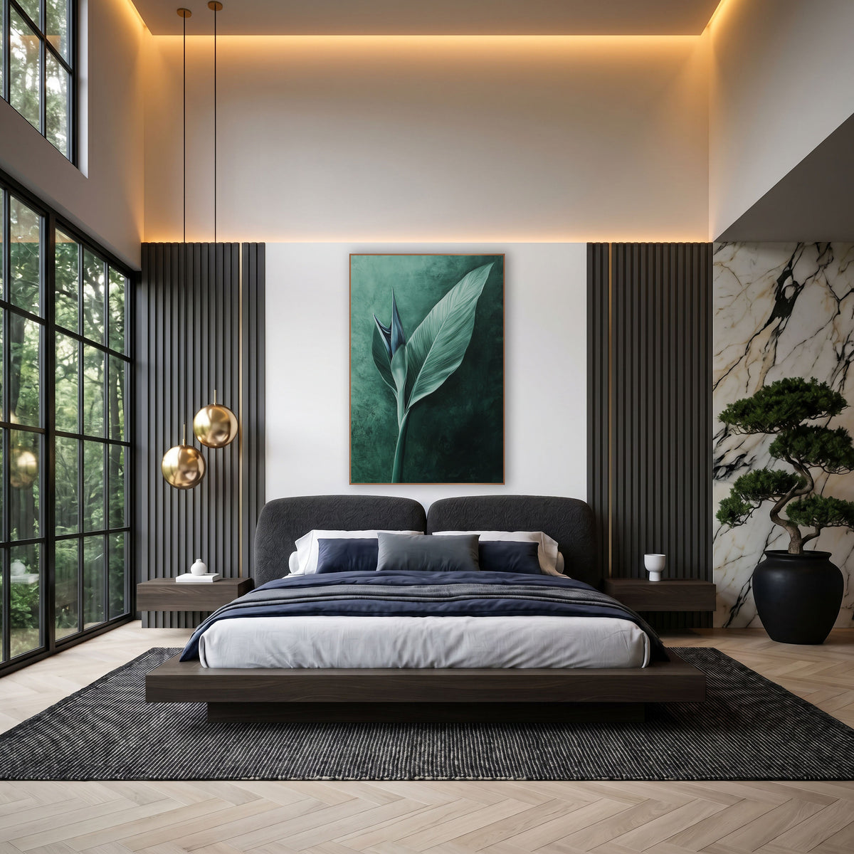 Emerald Bird of Paradise Leaf Botanical wall art in an elegant modern room – pale green bird of paradise leaf