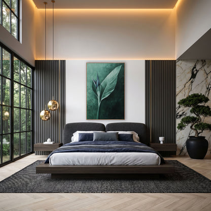 Emerald Bird of Paradise Leaf Botanical wall art in an elegant modern room – pale green bird of paradise leaf