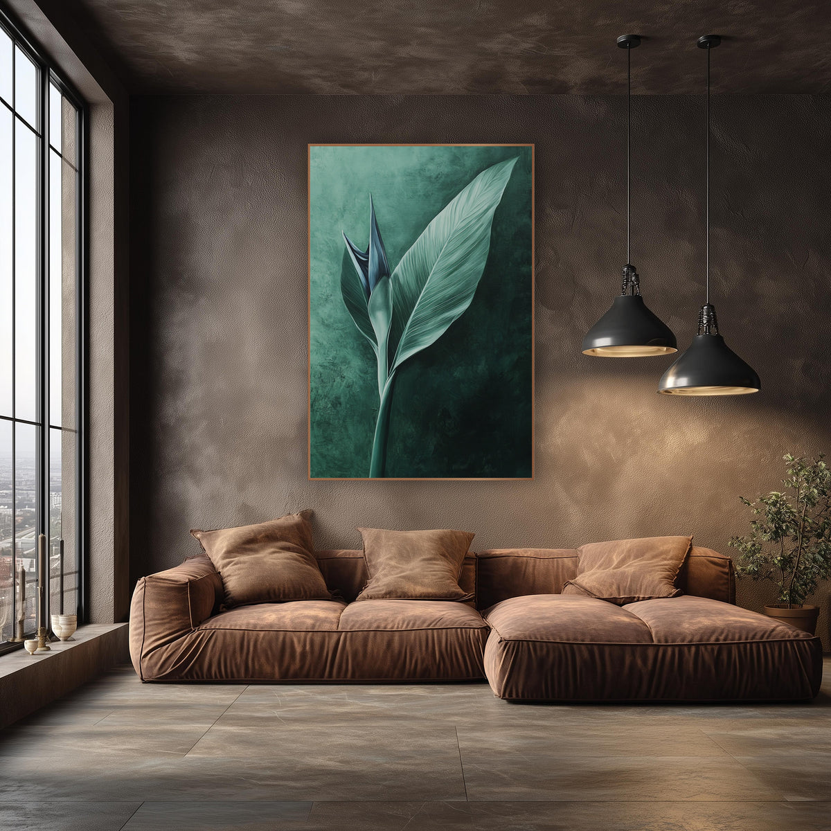 Emerald Bird of Paradise Leaf Botanical wall art in an elegant modern room – pale green bird of paradise leaf
