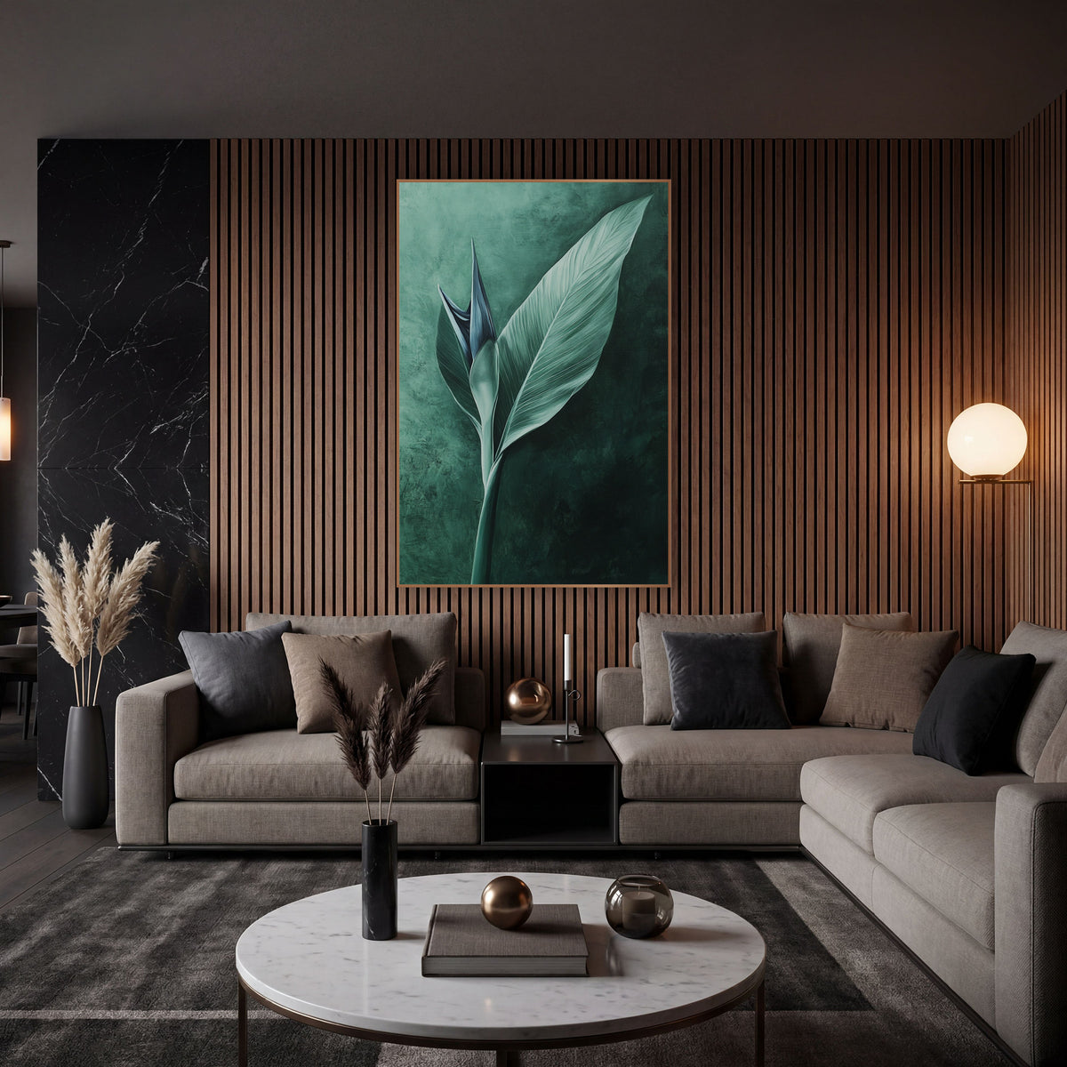 Emerald Bird of Paradise Leaf Botanical wall art in an elegant modern room – pale green bird of paradise leaf