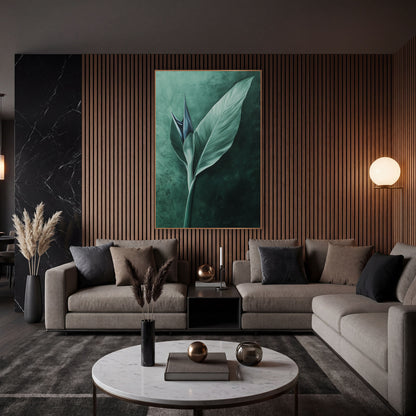 Emerald Bird of Paradise Leaf Botanical wall art in an elegant modern room – pale green bird of paradise leaf