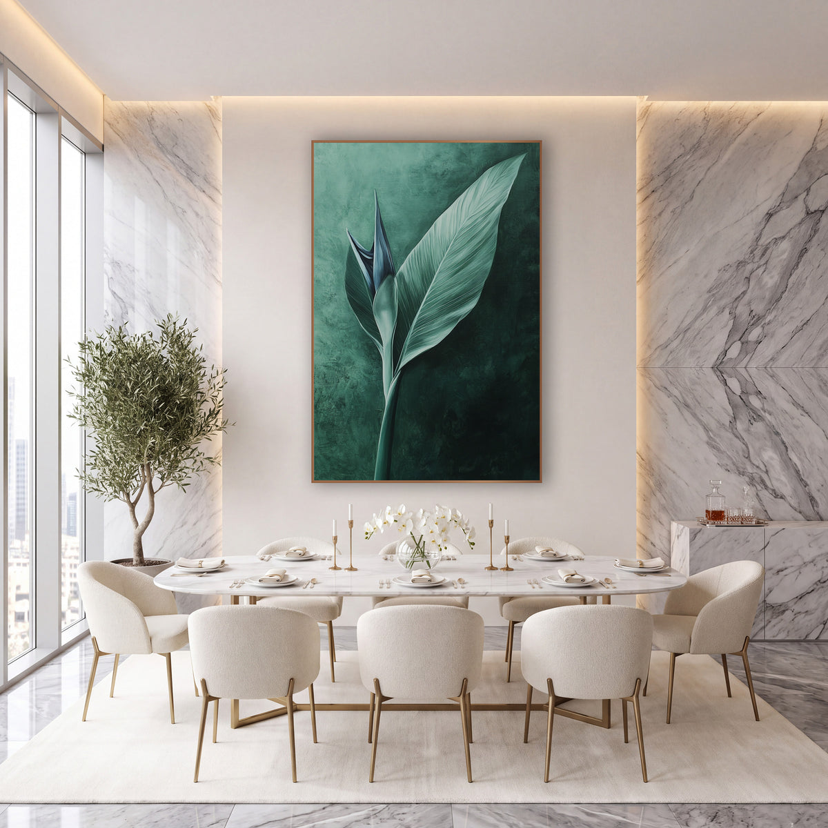 Emerald Bird of Paradise Leaf Botanical wall art in an elegant modern room – pale green bird of paradise leaf