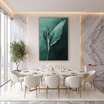 Emerald Bird of Paradise Leaf Botanical wall art in an elegant modern room – pale green bird of paradise leaf