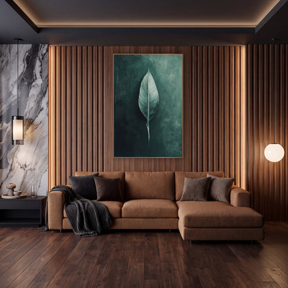 Sage Single Leaf Moody Botanical wall art in an elegant modern room – single pale sage green bird of paradise leaf