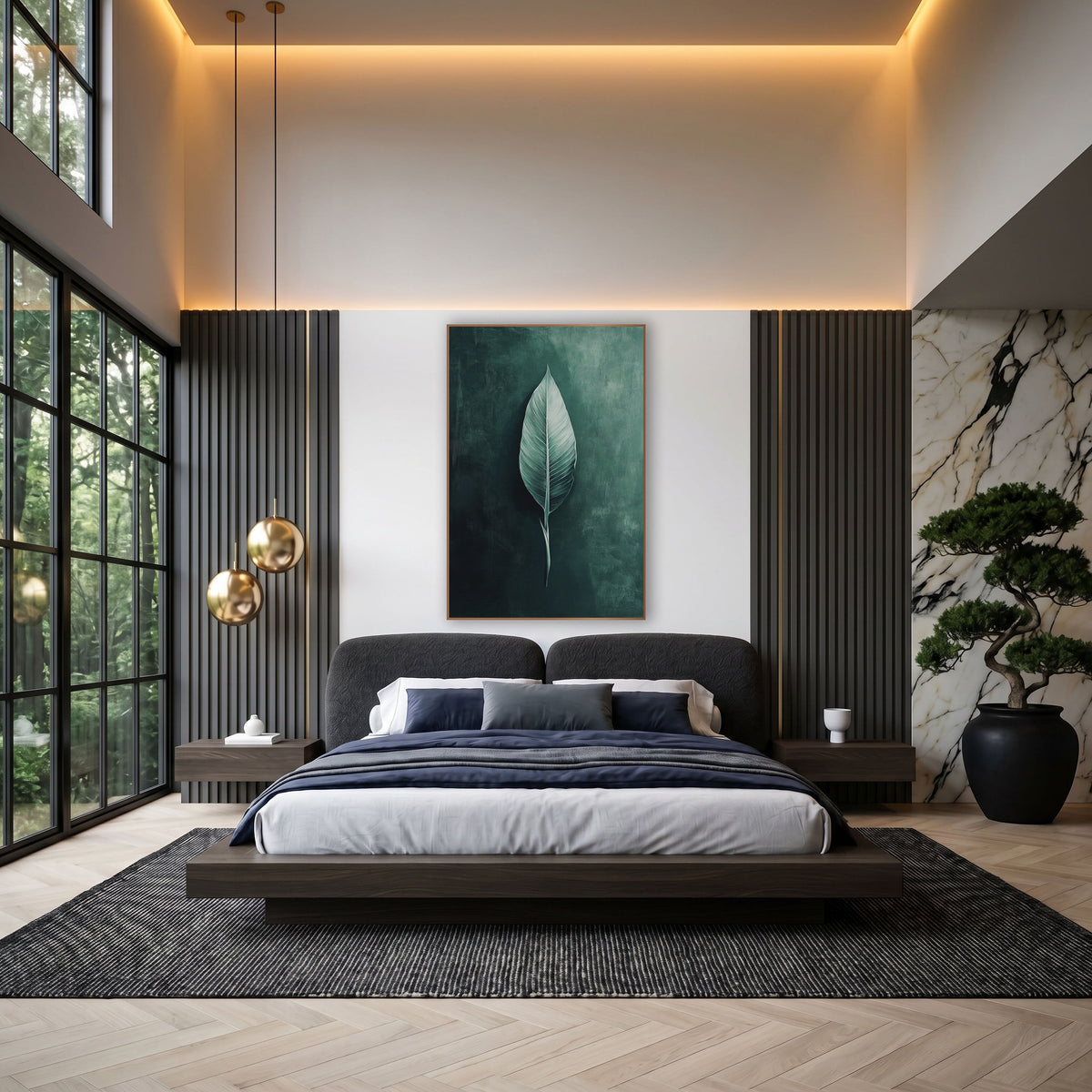 Sage Single Leaf Moody Botanical wall art in an elegant modern room – single pale sage green bird of paradise leaf