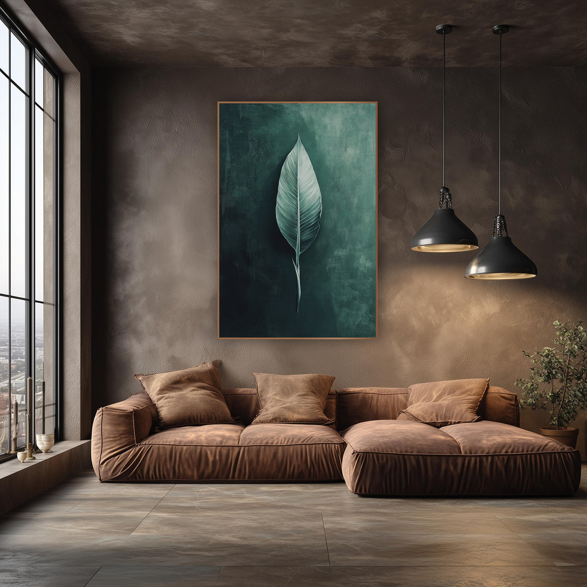 Sage Single Leaf Moody Botanical wall art in an elegant modern room – single pale sage green bird of paradise leaf
