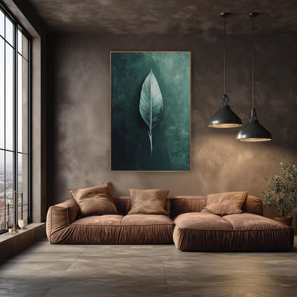 Sage Single Leaf Moody Botanical wall art in an elegant modern room – single pale sage green bird of paradise leaf