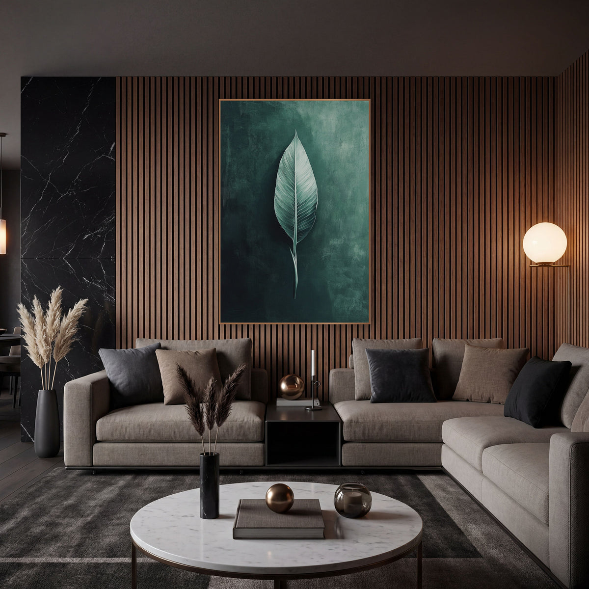 Sage Single Leaf Moody Botanical wall art in an elegant modern room – single pale sage green bird of paradise leaf